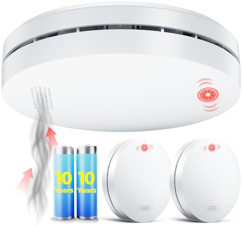 Rauchmelder 10 Jahre Batterie, DIN EN 14604 Testsiege, Feuermelder Brandmelder, Selbstklebend, Rauchmelder >85dB Alarm - 3 Stück