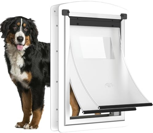 MAVRICTECH Extea Large Dog Door for Interior & Exterior Door with Steel Frame and Telescoping Tunnel, Magnetic Two Flaps Design and Two Sliding Lock Panels, Up to 200LBS, White