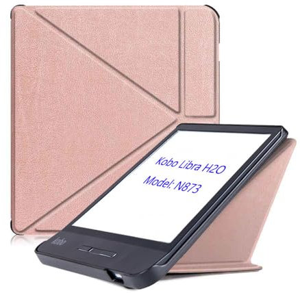 Kobo Libra H2O Étui à rabat en cuir ultra fin et léger avec support pour liseuse 7 Mise en veille/réveil automatique, version 2019 (or rose)