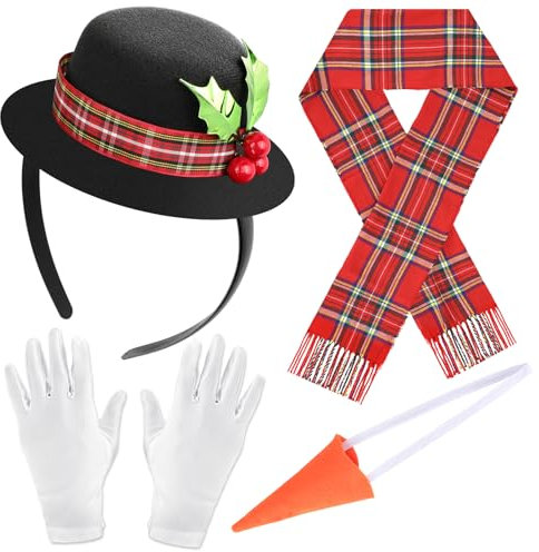 HOWAF Schneemann Kostüm, Weihnachts Haarreif Schneemann Mütze Haarreif Kopfschmuck Weihnachten, Weihnachtsschal, Karotte Nase, Handschuhe für Weihnachten Kostüm, Fasching Karneval Kostüm Schneemann