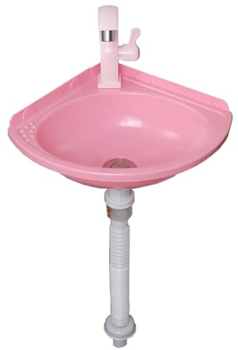 TYTFTDLD Lavabo angolare, lavabo a parete, mini lavabo in plastica con rubinetto moon bend, lavabo bagno piccolo armadio, per uso interno ed esterno, pratico lavabo[Rosa]