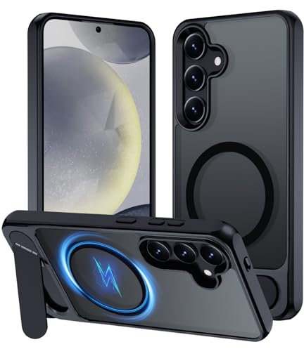 XTCASE für Samsung Galaxy S24 5G Hülle Magnetisch kompatibel mit Magsafe, Matt Transluzente Handy Hülle mit Aluminium-Ständer Militärschutz Stoßfest Handyhülle Kratzfest Hardcase, Schwarz