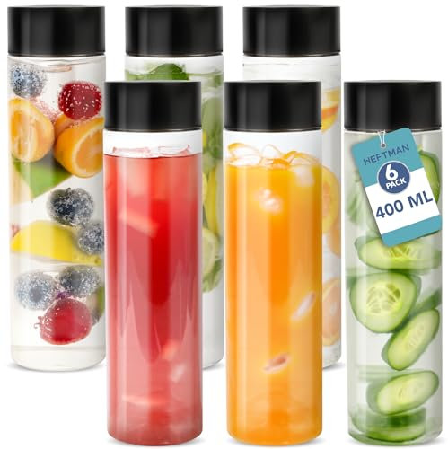 HEFTMAN Botellas de jugo de plástico con tapas, paquete de 6 botellas sensoriales vacías transparentes de 400 ml con tapas de rosca negras, PET apto para alimentos, ideal para bebidas sobre la marcha,