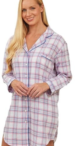 Womens Nightwear Nightdress 100% Brushed Cotton Check Paris And Cat Alice Design Nightshirt Pink & Blue Colour Long Sleeve Night Dress Women UK Size 8-22 (Checked Design, 12-14)