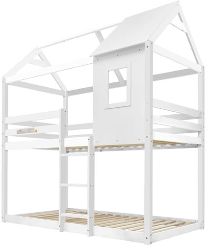 WEALTHGIRL Twin Over Twin House Bed Frame with Ladder, Pine Wood Loft Bunk Bed with Guard Rails, Two-Side Window Design Mid Sleeper Tree House Style Bedroom Furniture with Sturdy Slat Support (White)
