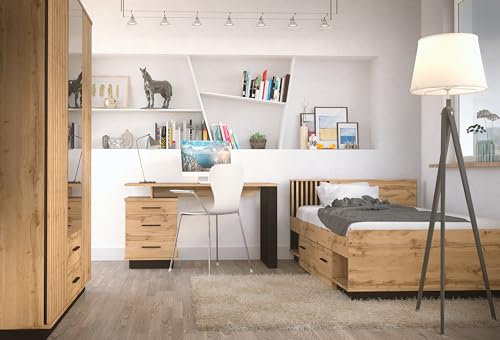 Jugendzimmer Lamelo – Kinderzimmer Komplett Set in Eiche Wotan & Schwarz Matt, optional mit 7-Zonen-Kaltschaummatratze - Verschiedene Set Varianten (4 teilig)
