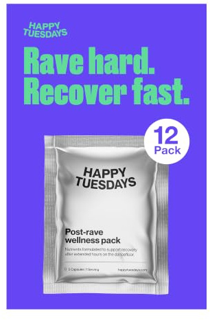 Happy Tuesdays Post-Rave Wellness Packs | After Party Recovery | 12 Pack | Supports Mood, Sleep, Energy, Focus, Tired Muscles | 5-HTP, NAC, ALA, Tyrosine, B Vitamins, Magnesium, Ashwagandha Capsules