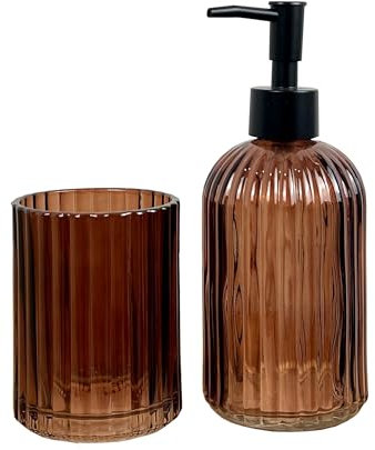 2 Piece Amber Ribbed Glass Bathroom Sink Accessories Set Liquid Soap Lotion Dispenser Tumbler/Toothbrush Holder Cup