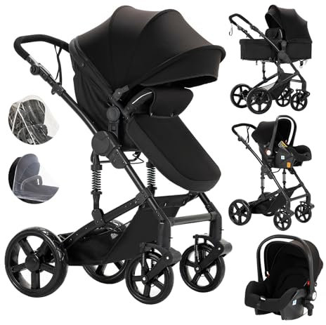 Veitoalioy Kinderwagen 3 in 1, Bequemer Multifunktionaler Kombikinderwagen 3 in 1 Komplettset, Aluminium Hohe Landschaft Babywagen, Faltbarer Kinderwagen Set (588 Black)