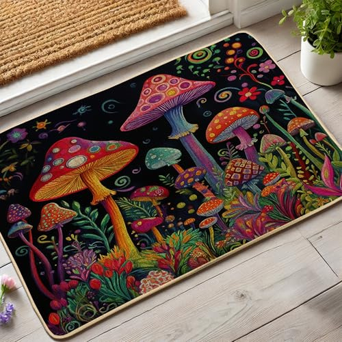 Colorful Mushroom Doormat, Vibrant Fungi Door Mat for Indoor & Outdoor Use, Water-Resistant Non-Slip Welcome Mat, Easy to Clean Floral Design 29x17 Inch