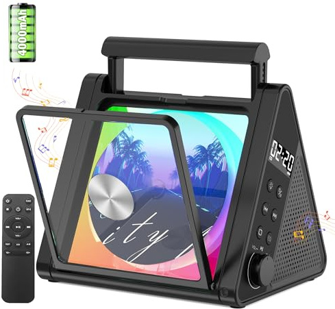 CD Player with Portable Handle, Special Triangle Design, Upgraded Bluetooth CD Player with 8 Modes RGB Lights, 4000mAh Rechargeable Battery, 20W Speakers, Remote Control, OPT/AUX/USB/FM Radio (Black)