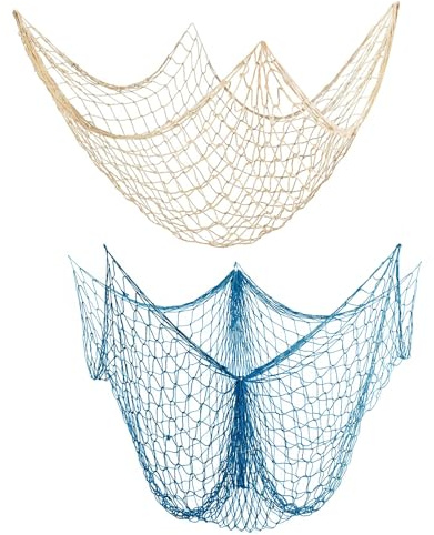 WestCH 2 Stück 1 x 1 m Fischernetz Deko,Fish Net Wanddekoration,Weiß/Blau | Fischernetz Wand Dekoration Nautisches Fischnetz, Mediterranen Stil, für Party Hochzeit Fotografie Heimdekoration