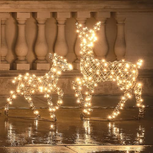 Lights4fun Dual LED Studley Doe & Fawn Light Up Reindeer Duo with 300 LED Lights | Frames, Ground Stakes and Guy Ropes Included | Indoor & Outdoor Christmas Figures