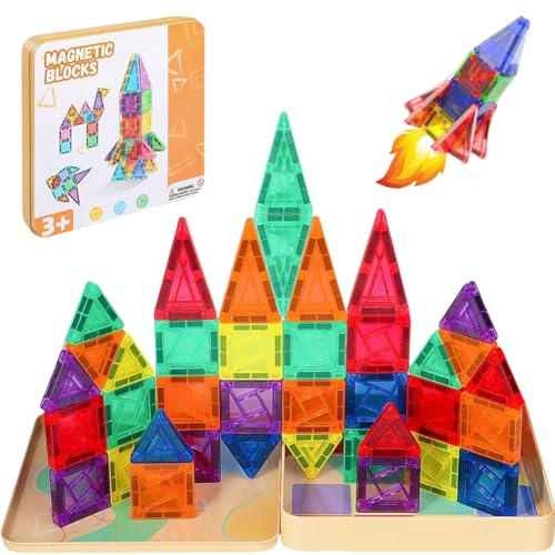 51PCS Mini Magnetic Tiles Travel Set with Iron Storage Box Kids Toys Gifts for 3-8 Years Boys Girls Toddlers, Portable Building Blocks Montessori Educational Toy for Plane, Car Rides & On-The-Go Play