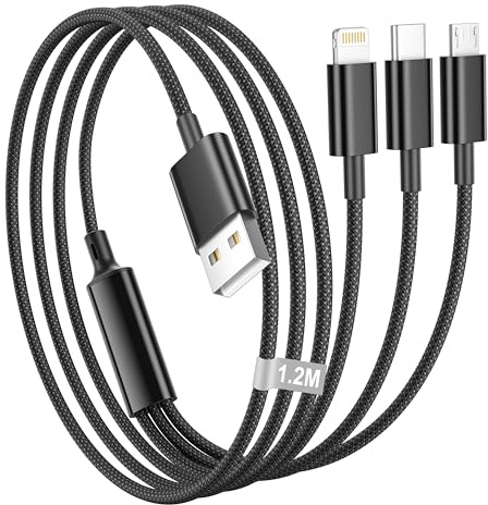 Multi Cable de Carga 1.2M, 3 en 1 Nylon Cable Multiple Cargador USB Lightning Micro Tipo C Múltiples Micro USB Carga Rapida para iPhone 17 Air 16 15 14 13 12,Samsung S25 Ultra S24 S23,Huawei,Xiaomi