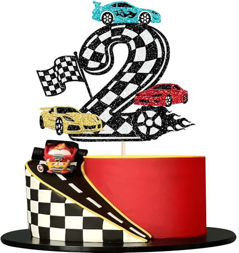 Xsstarmi 1 Packung Tortendeko 2 Geburtstag Junge Auto Renn Cars Kuchen Deko 2nd Birthday Cake Topper für 2. Geburtstag Jungen Mädchen Rennwagen Thema Baby Dusche Party Kuchen Dekoration