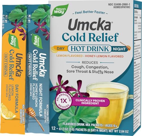 Nature's Way Umcka Cold Relief Hot Drink, Day & Night Homeopathic Cold Medicine with Clinically Proven Ingredient for Cough, Congestion, Sore Throat, Lemon & Honey Flavored Packets, 12 Count