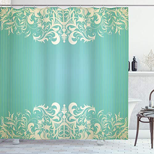 ABAKUHAUS Jahrgang Duschvorhang, Flora Curlicues, Stoffliches Gewebe Badezimmerdekorationsset mit Haken, 175 x 220 cm, Seafoam Creme