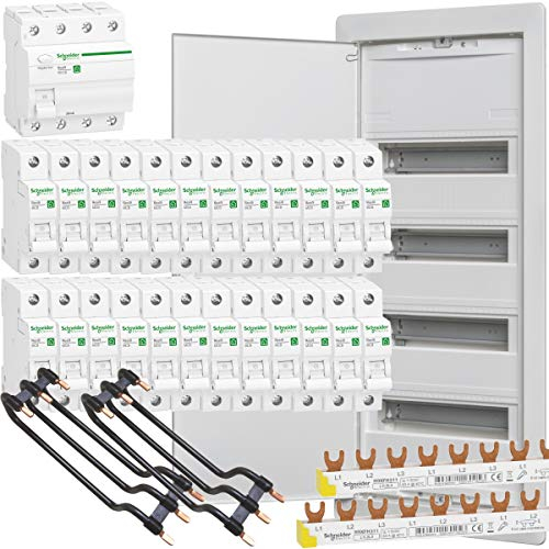 WITTKOWARE Unterputz Elektro-Verteilungsset, Kleinverteiler 4-reihig, FI-Schalter 40/0,03A, 24x Sicherungsautomaten B 16A, Verdrahtungsbrücken, Phasenschienen
