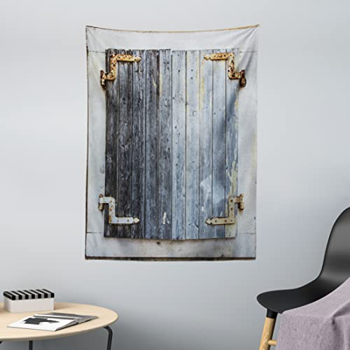 ABAKUHAUS Fensterläden Wandteppich, Holzfenster Shabby Paint Rusty Antique Traditional Village Bild drucken, aus Weiches Mikrofaser Stoff Wand Dekoration Für Schlafzimmer, 110 x 150 cm, Holzkohle