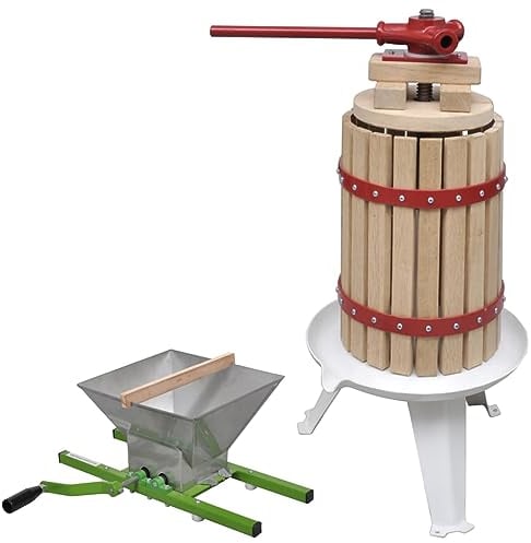 vidaXL Solid Oak Wood Fruit and Wine Press and Crusher Set | 2-Piece Easy Assemble Home Juicer | Rust-Resistant Cast Iron Hardware | Wine/Cider Brewing & Pressing
