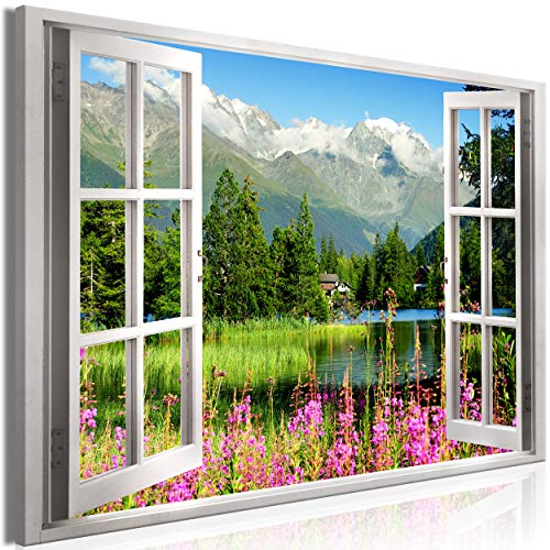 decomonkey Bilder Fensterblick Landschaft 90x60 cm 1 Teilig Leinwandbilder Bild auf Leinwand Vlies Wandbild Kunstdruck Wanddeko Wand Wohnzimmer Wanddekoration Deko Berge Natur