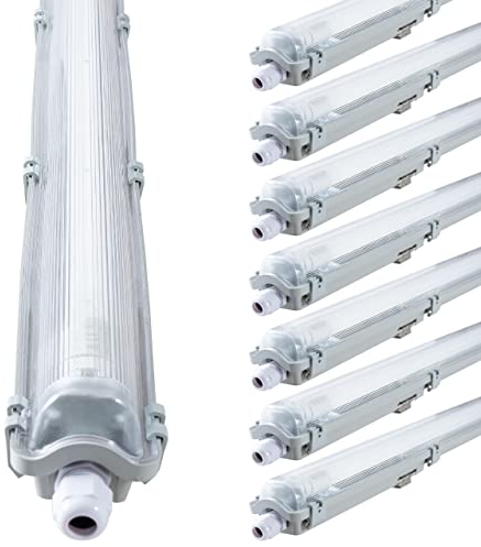 proventa IP65 LED-Feuchtraumleuchte 120cm mit 18W LED-Röhre 2.160 Lumen Klappdeckel Steckklemme Kabeleinführung bis NYM-J 3x2,5mm² - Sparset 8x