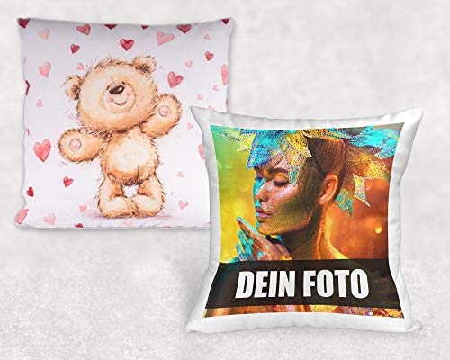 Sunnywall® Kissen selbst gestalten mit eigenem Foto und Text Fotokissen individuell personalisiert 40 x 40 Rückseite Teddy