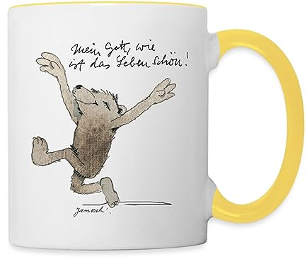 Spreadshirt Janosch Bär Schönes Leben Spruch Tasse Zweifarbig, One size, Weiß/Gelb