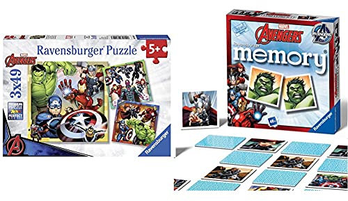 Ravensburger Marvel Avengers Assemble 3x 49 Piece Jigsaw Puzzles for Kids Age 5 Years and Up & Marvel Avengers Mini Memory Game - For Kids Age 3 Years and Up - Hulk, Thor, Iron Man