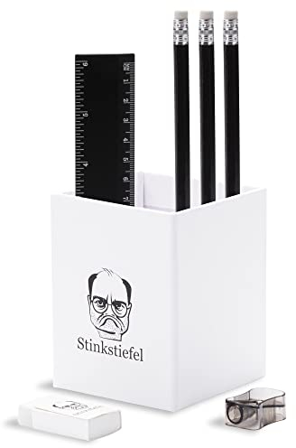 Stinkstiefel 7-tlg Lustiger Stiftehalter inkl. 3 Bleistifte, Lineal, Anspitzer und Radierer - Studenten Geschenk – Desk Organizer – Stiftebox - Scherzartikel - Stifteköcher