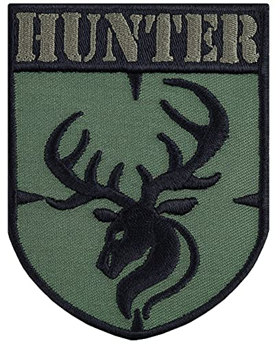 Hunter Patch zum annähen | Hirsch Wappen Geschenk Förster Waidmann Abzeichen Hirschkopf mit Geweih Aufnäher Applikation für alle Stoffe | 70x90mm