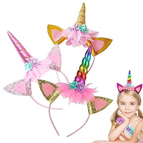 3 élastiques pour enfants licorne, bandeaux licorne, Serre-Tête Licorne pour Fille Enfant, avec accessoires et oreilles pour cheveux en corne de licorne, utilisés pour Pâques, anniversaires, fêtes...