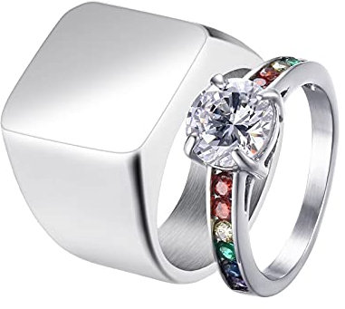 Aotiwe Paar Band Ringe Silber Ringe Hochglanzpolierter Bunter Runder Zirkonia, Bunt Zirkon Runden Rostfreier Stahl Damen 54 (17.2) & Herren 62 (19.7)