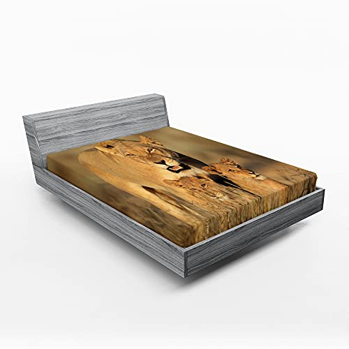 ABAKUHAUS Safari Spannbetttuch, Safari Lions Wildnis, Soft Dekorativer Stoff Bettwäsche Rund-um Elastischer Gummizug, 180 cm x 200 cm, Sahne