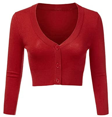 Irevial Boléro Femme Manches Longues Tricot Cardigan Respirant Gilet Femme Veste avec Boutons Tops Rouge,M