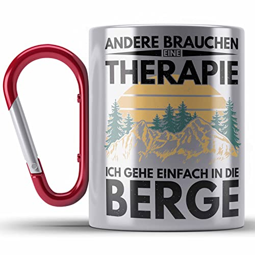 Trendation - Berge Edelstahl Tasse Karabiner Geschenk Therapie Lustig Spruch Wandern Klettern Trekking (Rot)