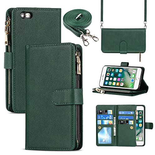 Cavor Cover Compatibile con iPhone 6/6S con Cordino,Flip Portafoglio Custodia in Pelle,[9 Porta Carte][Magnetico],Custodia Libro Cover con Laccio Compatibile con iPhone 6/6S - Verde Scuro