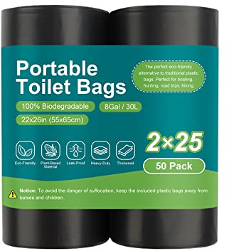 LITFP Lot de 50 sacs de toilette portables biodégradables - Sacs de toilette Porta de 22,7 litres - Sacs de toilette épais et compostables pour le camping et les voyages