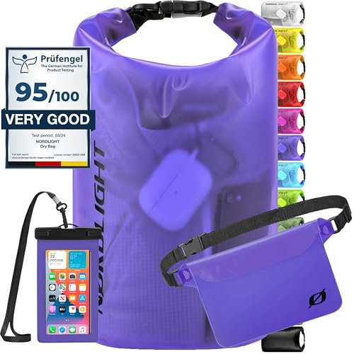 Sac Étanche Dry Bag avec Pochette Étanche Téléphone et Sac Banane - (20L, Violet) Sac à Dos Étanche IPX8 avec Fermeture À Enroulement | Natation, Bateau, Plage, Stand Up Paddle
