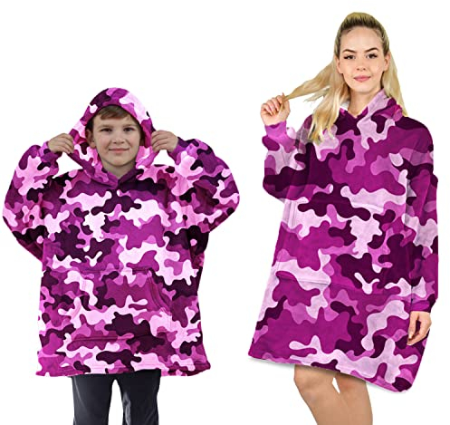 ALLEN & MATE Hoodie-Decke für Kinder und Erwachsene, übergroßer Decken-Hoodie, warmer Morgenmantel, weicher Fleece-Bademantel mit Kapuze, Geschenke, Mädchen, Teenager, Erwachsene (Pink Camo)