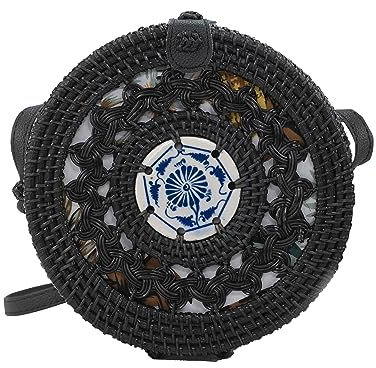 Runde Rattan-Tasche Damen Umhängetaschen Strandtaschen, Schwarz, Small