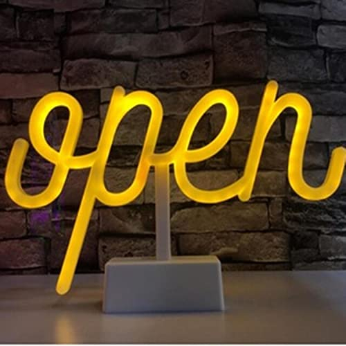 Neonlicht Open gelb mit Fuß Sockel NEON LED Licht batteriebetrieben Aufsteller Tischlampe Leuchtreklame Lampe Leuchte Dekoration Kinderzimmer Schlafzimmer Beleuchtung Party Nachtlicht Stand