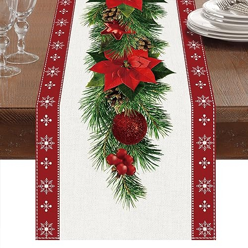 Tischläufer Weihnachten, Weihnachtstischläufer Rot Leine mit Rotem Blumen Weihnachtsbaum Glocken Aufdruck, Lang Rechteckige Weihnachtstischdecke für Das Weihnachtsessen Tisch Dekoration(230 x 33cm)