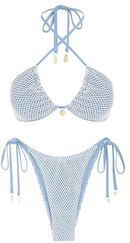 ZAFUL Women's Triangle Bikini Multiway Fishnet Tie Side Bandeau Halter String Bikini Set Two Piece Swimsuit Bathing Suits (1-Light Blue, M)
