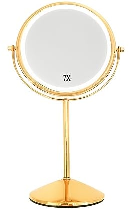 Rose Gold Magnifying Mirror With Lights for Makeup Desk, 1X/10X Double-Sided Small Vanity, Tabletop Round With Stand (Luxury Gold-7X Magnification)