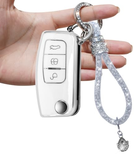 Yumzeco Schlüsselhülle Hülle Cover Kompatibel mit Ford Fiesta Mondeo Galaxy Fusion Focus 2003-2013, 3 Tasten Silicone TPU mit glänzendem Diamant Schlüsselband, Keyless Schutzhülle-Weiß