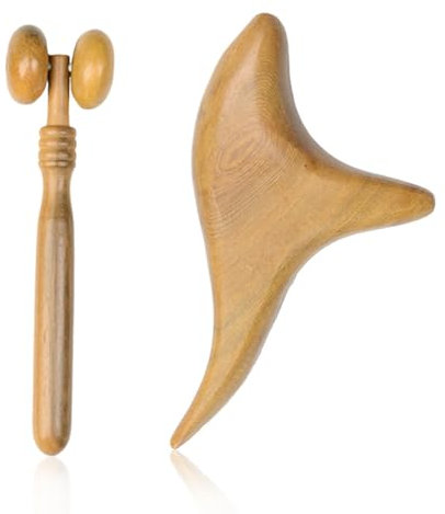 MWUMRCM 2 pièces Accessories Masseur Rouleau de Massage Visage Tete Appareil Bois massage scooter avec poignée Dermaroller Set en bois