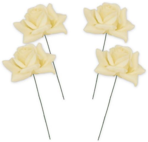 Kunstrosen-Blüten mit Stiel als künstliche Deko-Rosen aus Wachs - 4 creme-weiss Rosenblüten wie echt für Blumengestecke Blumen-Dekoration - Wachsrosen als Kunstrosen Friedhof Grabschmuck