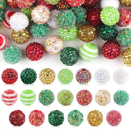 100 Stück Weihnachts Strassperlen, Kalolary 20 Stile Weihnachts-Kaugummiperlen 20 mm lose Abstandsperlen Bunte runde Pavé-Diskokugelperlen für Weihnachtsschmuck Armbänder Halsketten Basteln